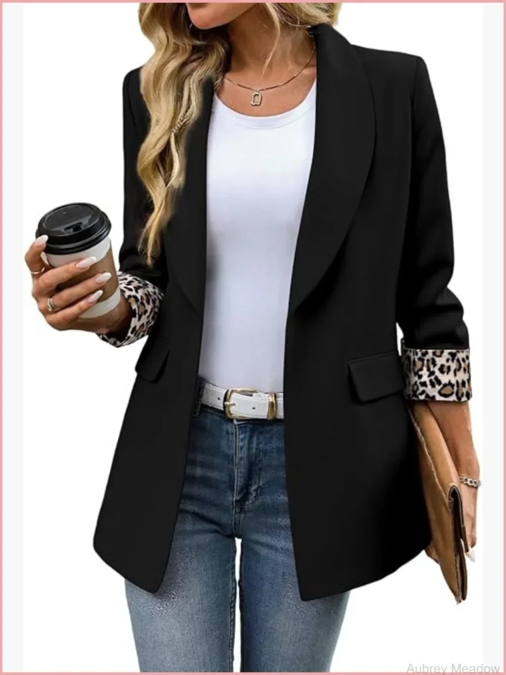 Women's Business Casual Blazer with 3/4 Sleeves and Leopard Lining